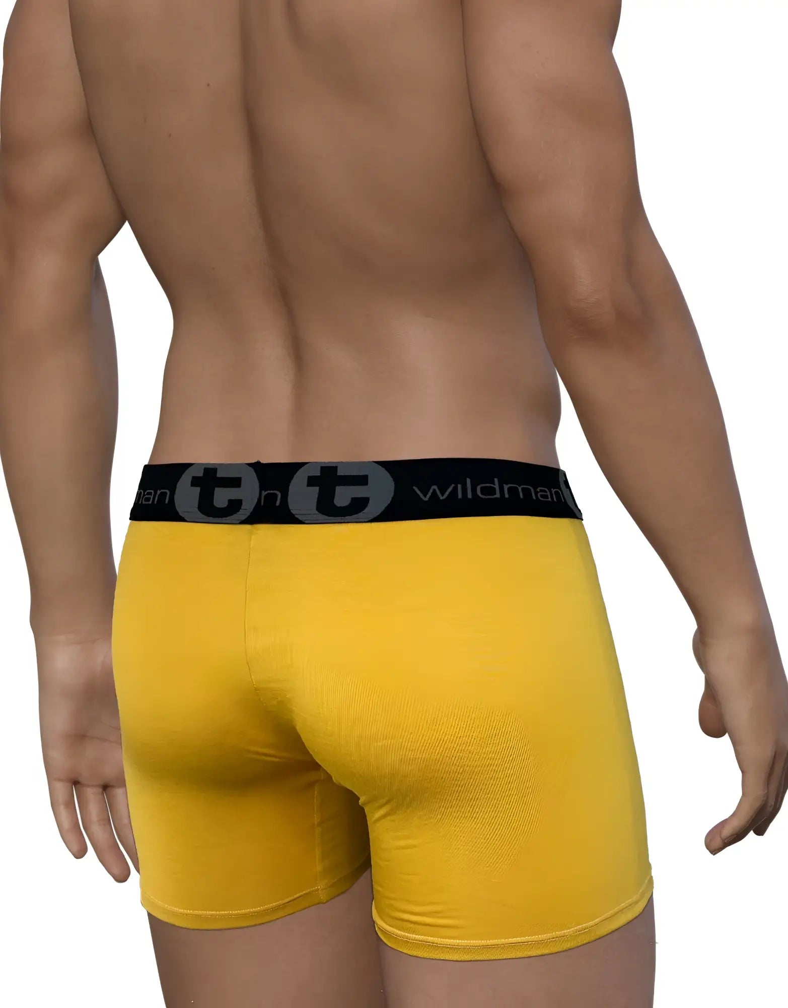 Bright yellow wildman modal big boy pouch boxer briefs with black waistband and 5 inch inseam in gold color