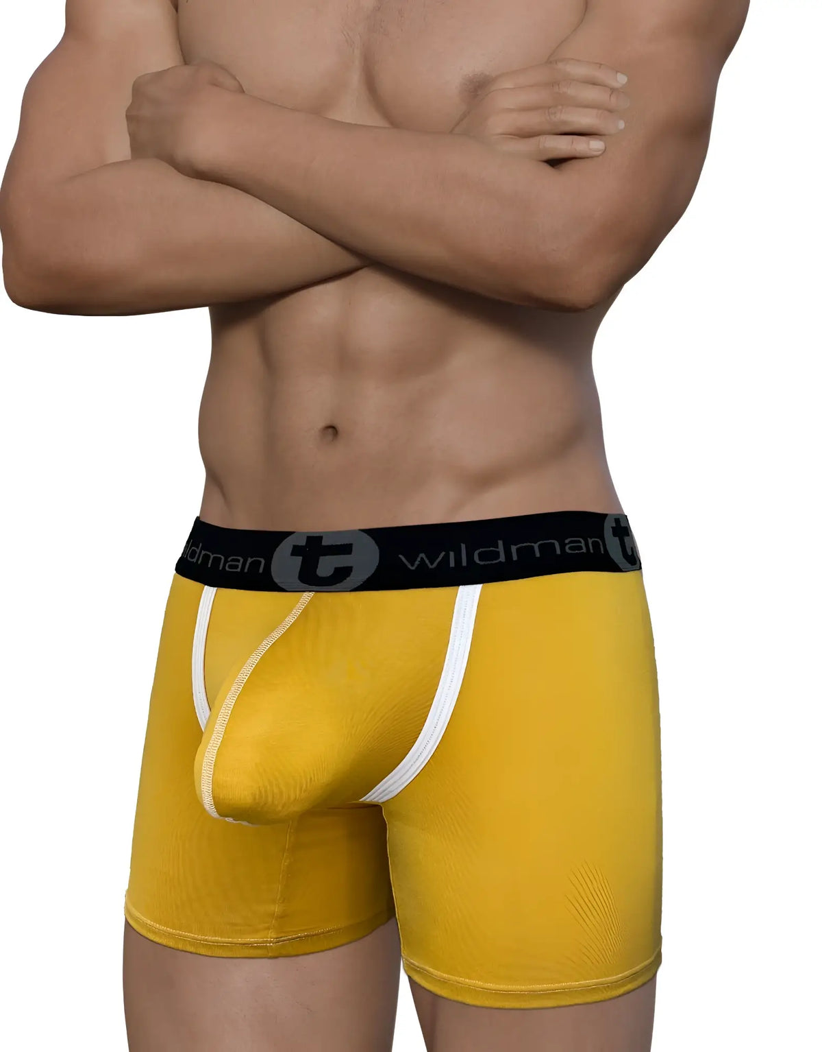 Wildmant modal big boy pouch 5 inch inseam boxer brief in gold with white trim and black waistband logo