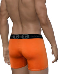 Orange wildmanT modal big boy pouch boxer briefs with 5 inch inseam and black waistband featuring stylized t symbols