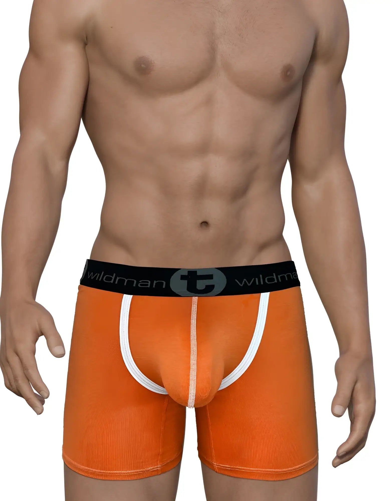 WildmanT modal big boy pouch boxer briefs in orange with ribbed fabric white trim and black waistband wildman logo