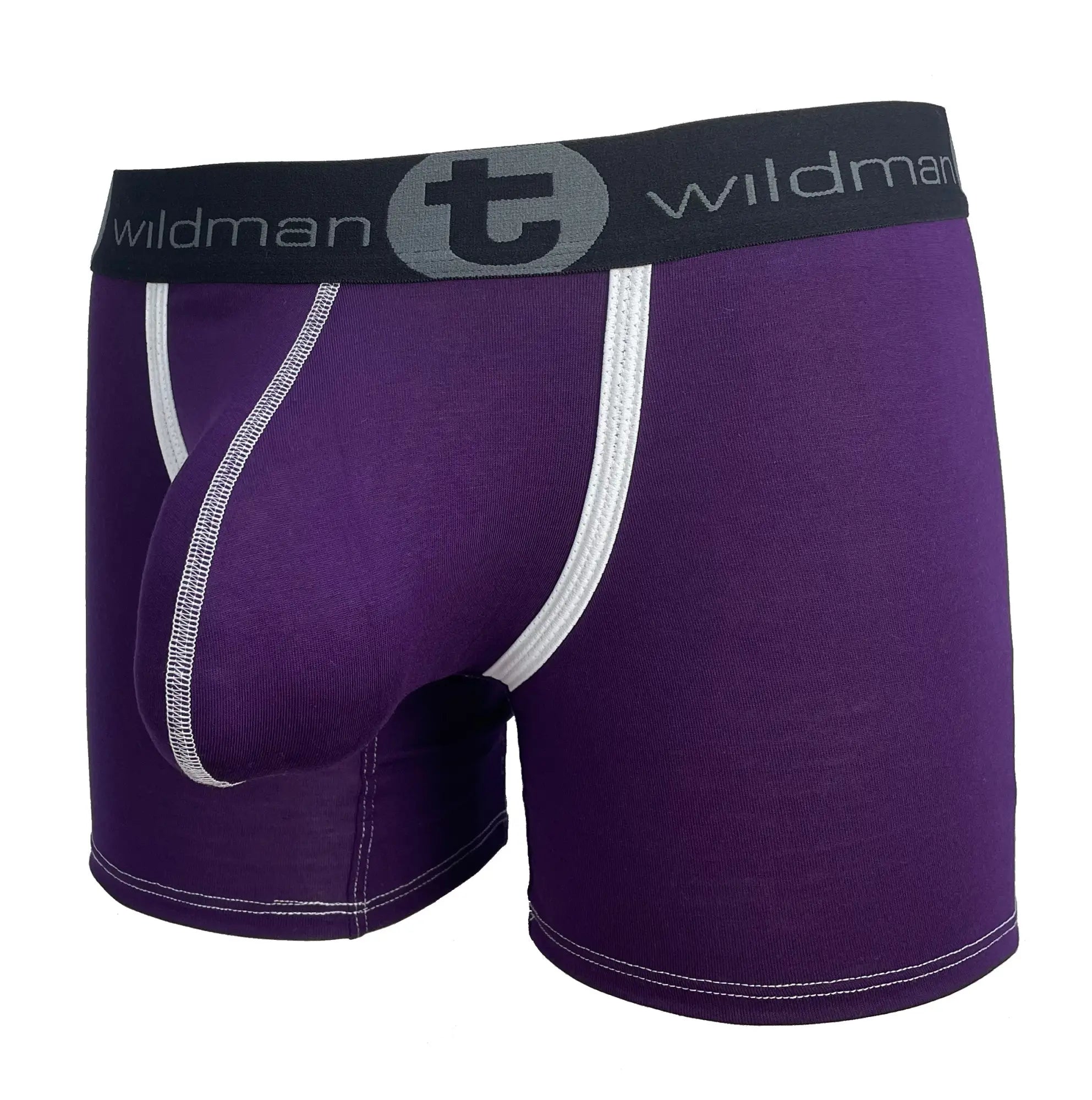 Purple wildman modal boxer briefs with 5 inch inseam pouch white stitching and black waistband with t logo