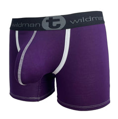 Purple wildman modal boxer briefs with 5 inch inseam pouch white stitching and black waistband with t logo