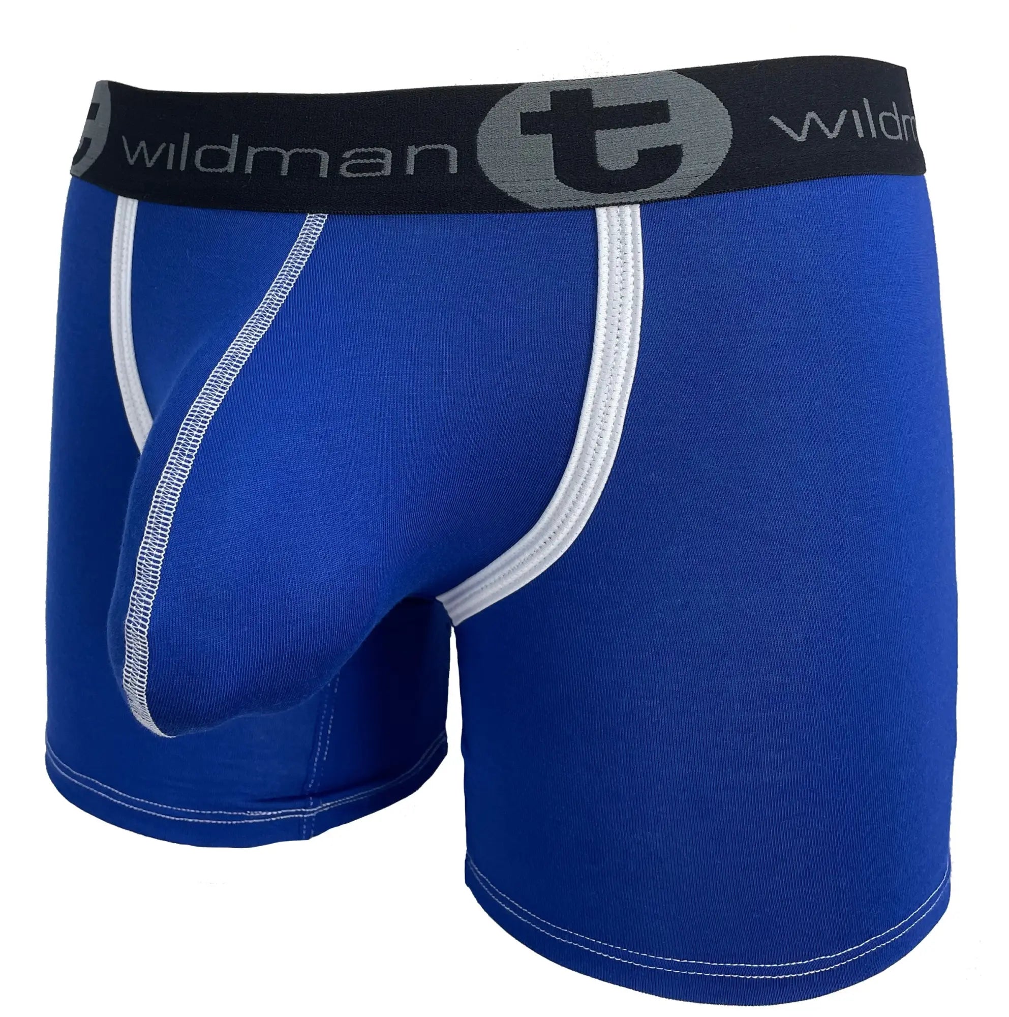 Royal blue wildman men’s modal boxer briefs with white stitching and black waistband featuring brand logo