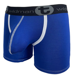Royal blue wildman men’s modal boxer briefs with white stitching and black waistband featuring brand logo