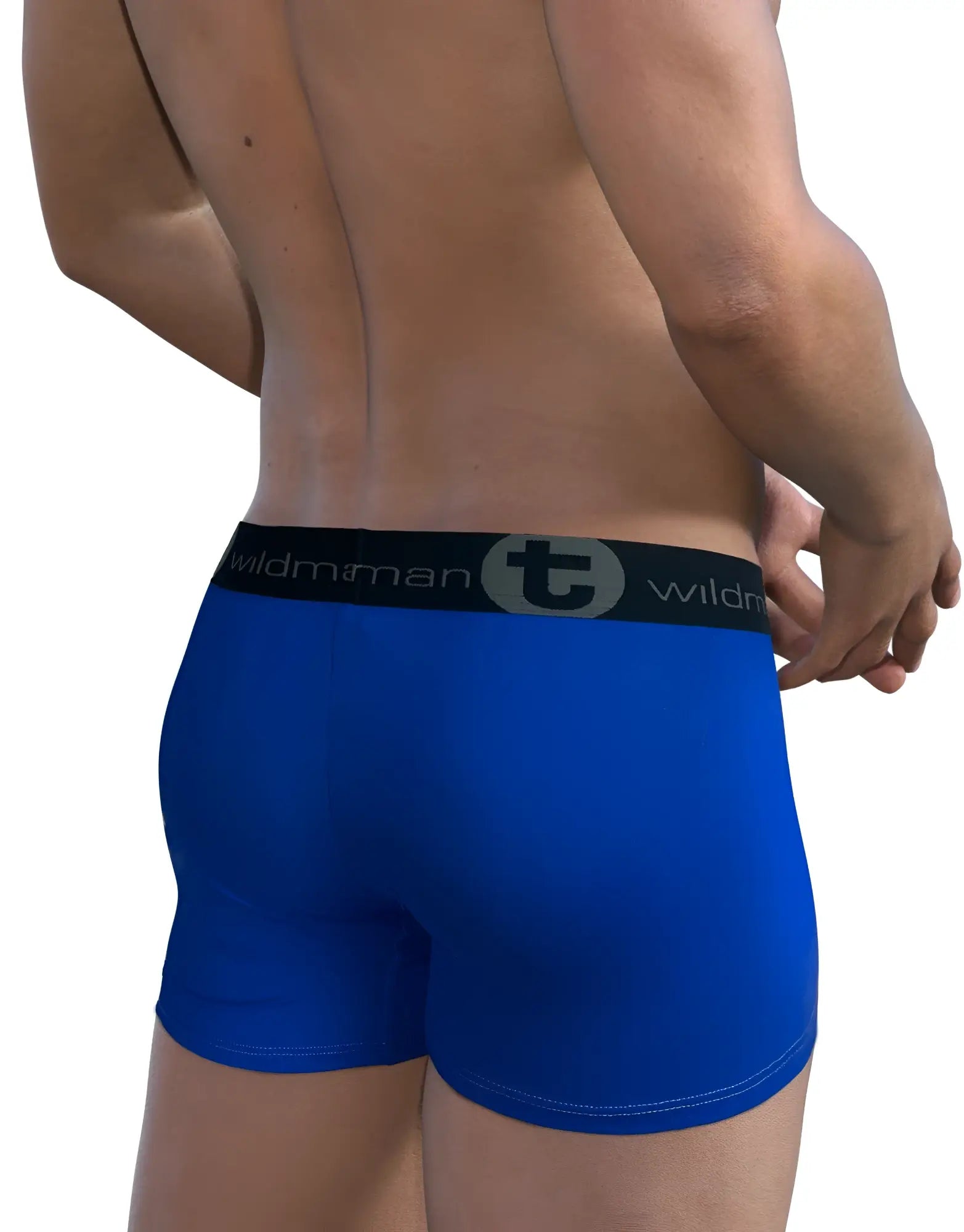 Blue wildman men’s boxer briefs with 5 inch inseam made from modal fabric and black elastic waistband with brand logo