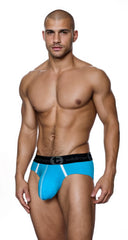 Bright blue wildman modal big boy pouch brief with white side stripes and black waistband in baby blue color
