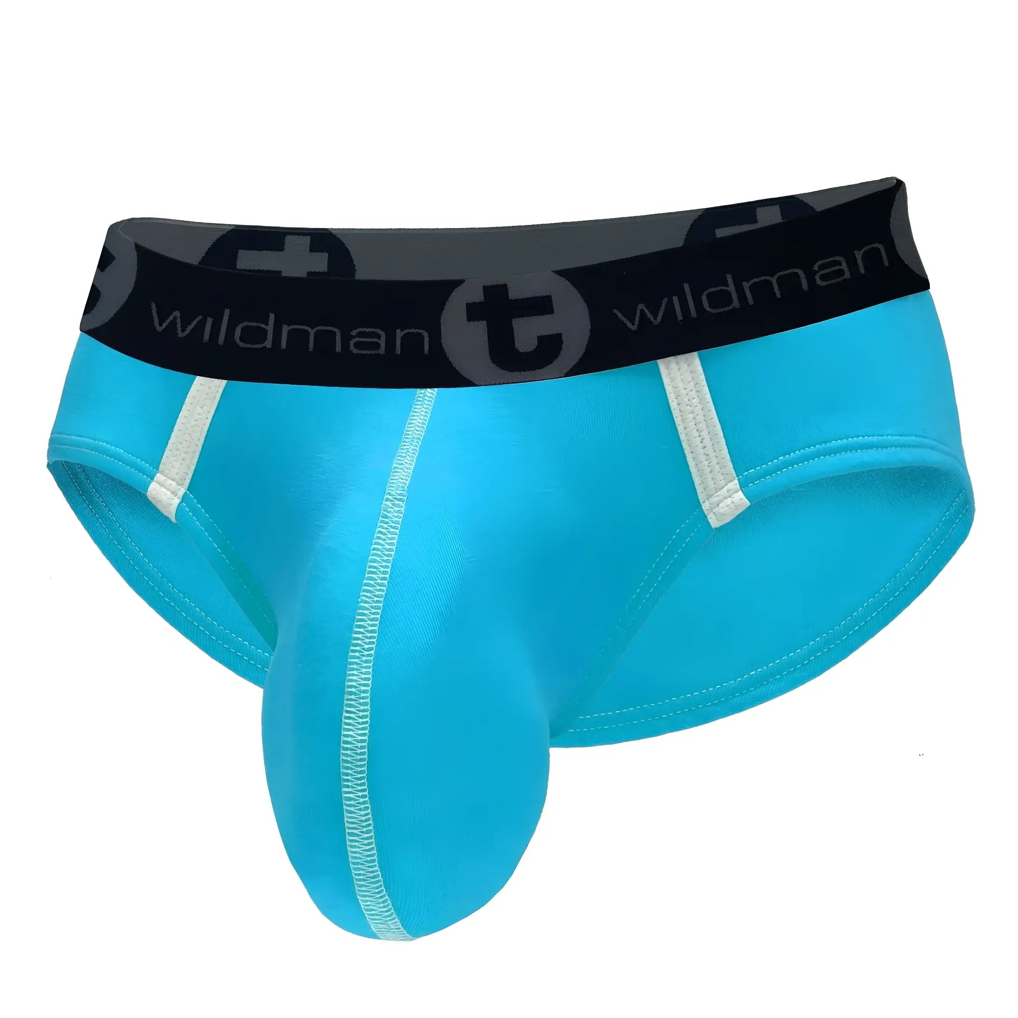 Bright turquoise wildmanT modal big boy pouch brief baby blue with black waistband and white stitching accents