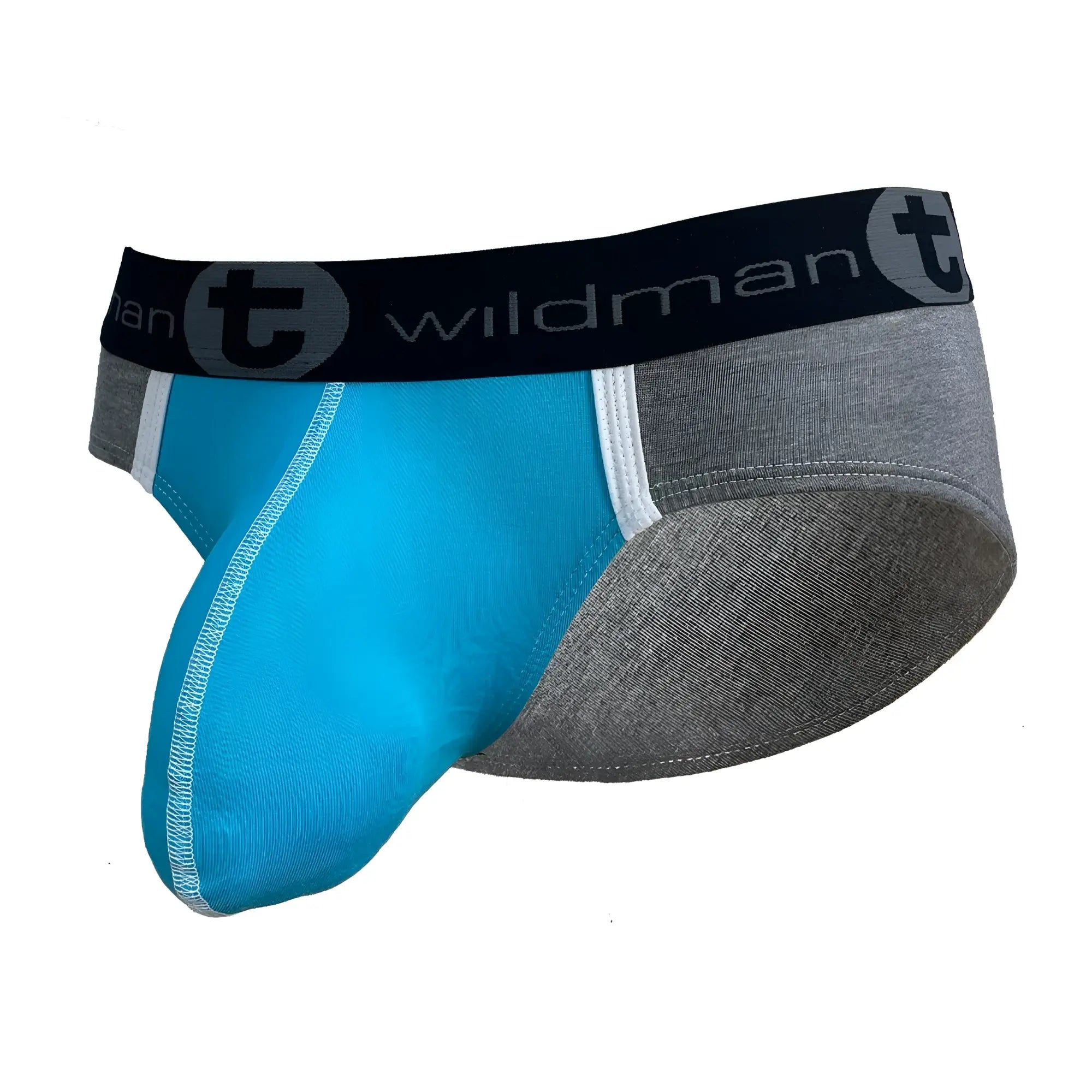 Wildmant modal big boy pouch briefs in baby blue and gray with black waistband featuring wildman logo