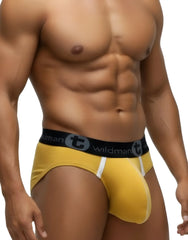 Wildmant modal big boy pouch brief gold in yellow with black elastic waistband wildman branding and white trim details