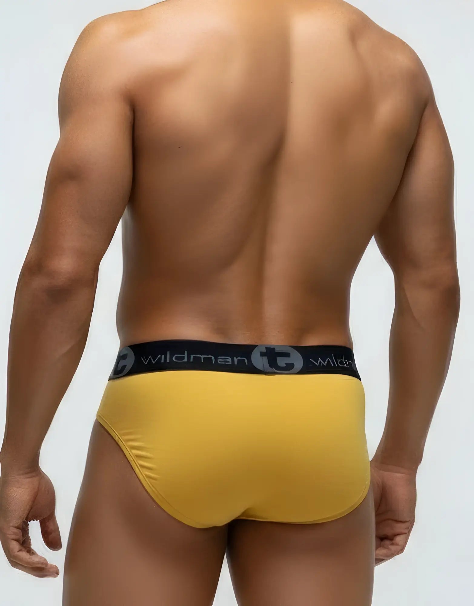 Wildmant modal big boy pouch brief gold in yellow with black elastic waistband featuring wildman logo and circular emblem