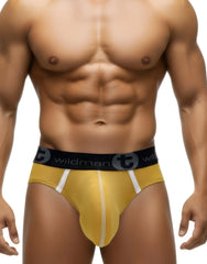 WildmanT modal big boy pouch brief gold yellow with black waistband wildman logo and white side stitching