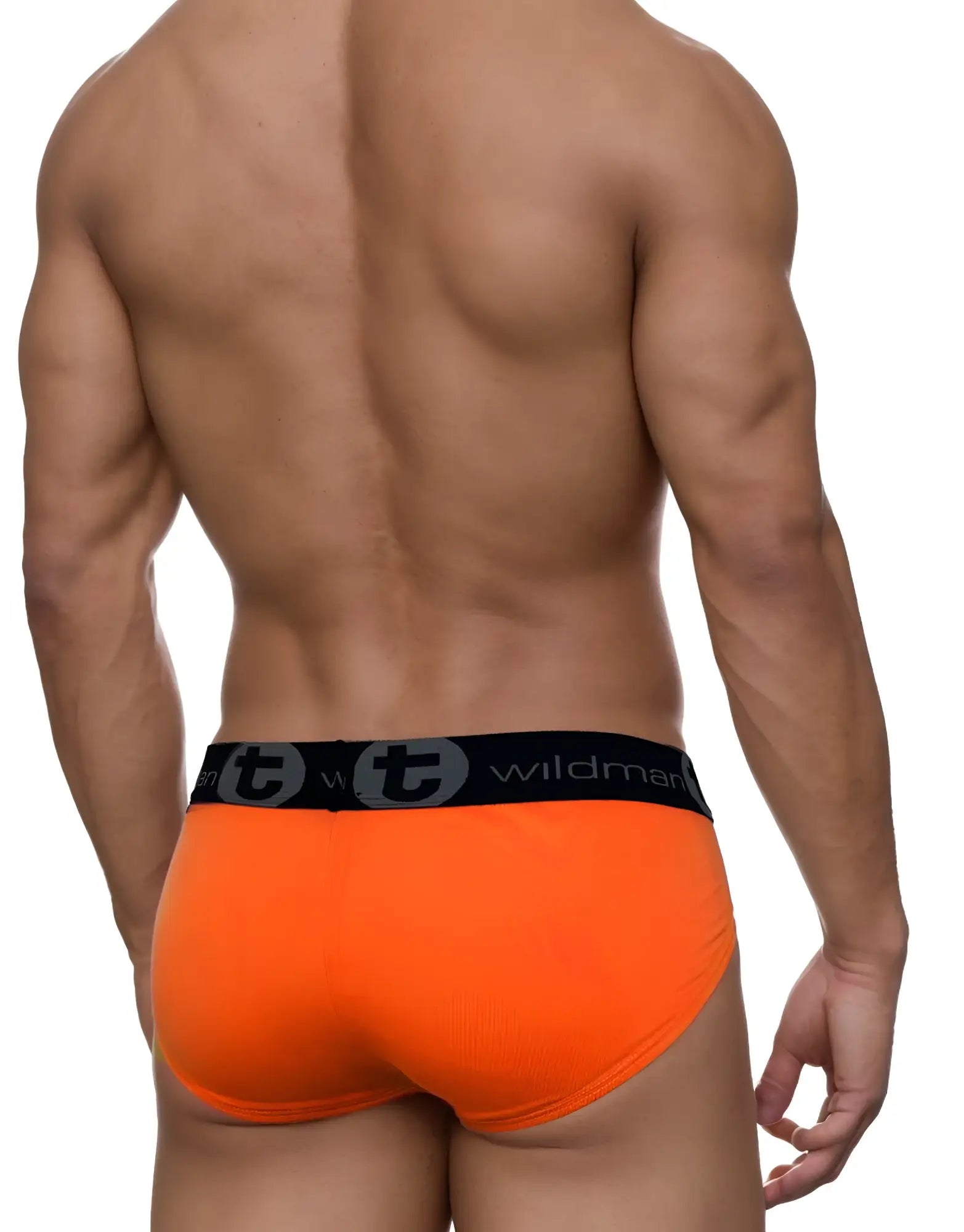 Bright orange wildmanT modal big boy pouch brief with black elastic waistband and wildman logo