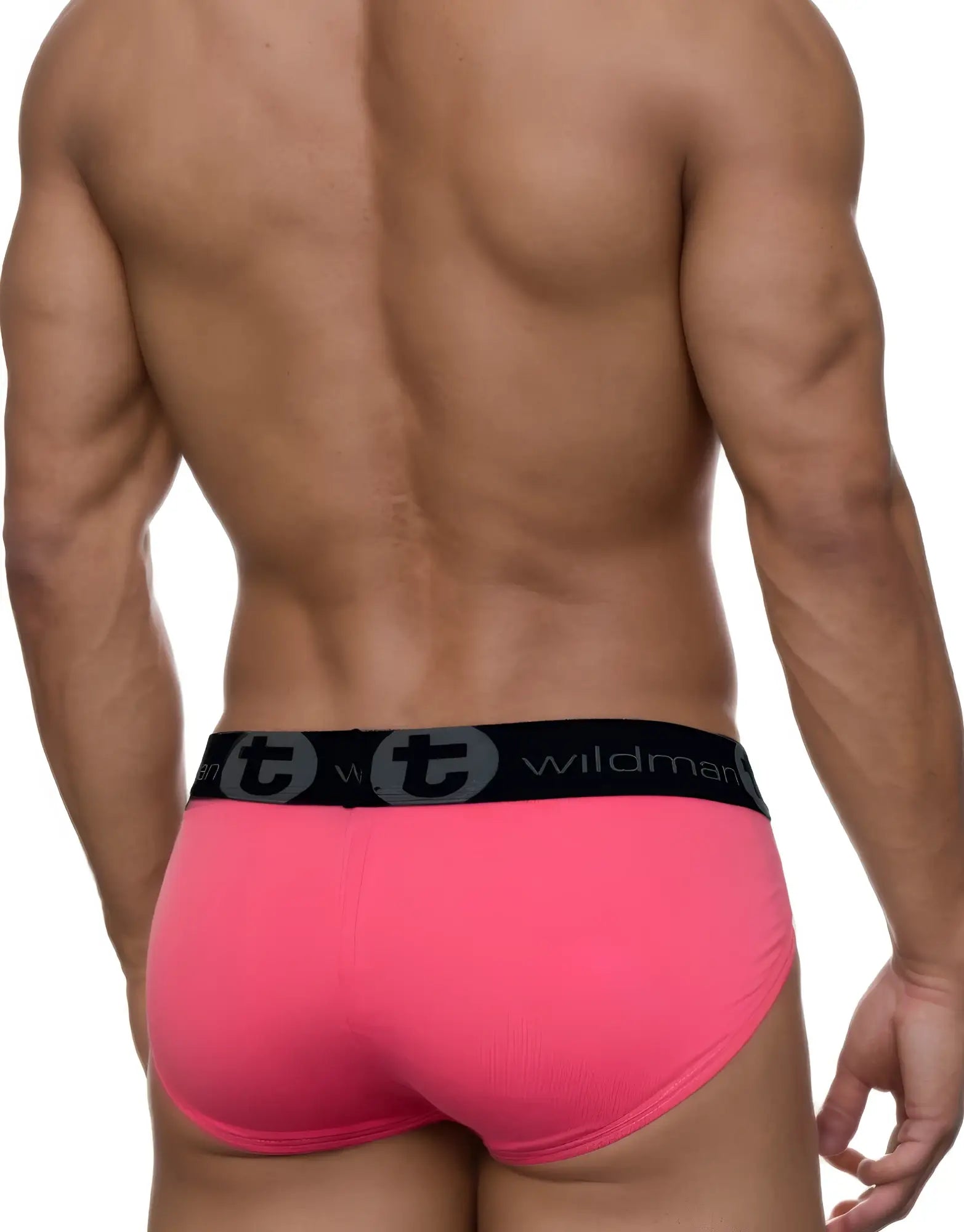 Bright pink wildmant modal big boy pouch briefs with black elastic waistband featuring wildman logo