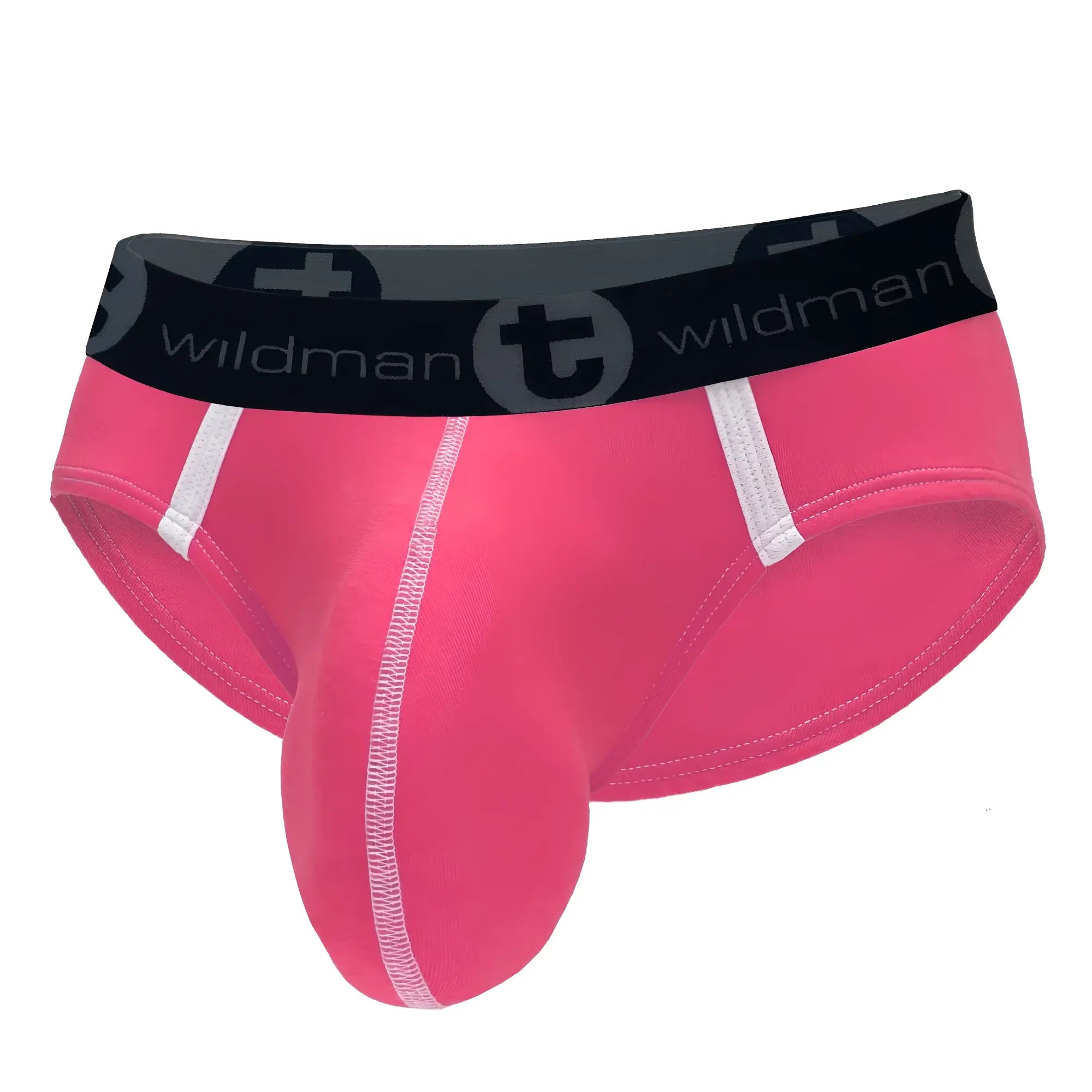 Bright pink wildmanT modal big boy pouch brief with black waistband and white stitching accents for men
