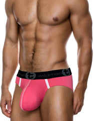 Wildmant modal big boy pouch brief in pink with black waistband and white trim made from soft modal fabric