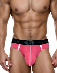 Pink wildman men’s briefs with white side panels black waistband featuring wildmant modal big boy pouch brief logo