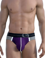 WildmanT modal big boy pouch brief in purple and gray with white trim and black branded waistband for athletic use