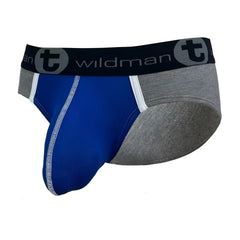 Wildmant modal big boy pouch brief in royal blue and gray with black waistband and wildman logo for men
