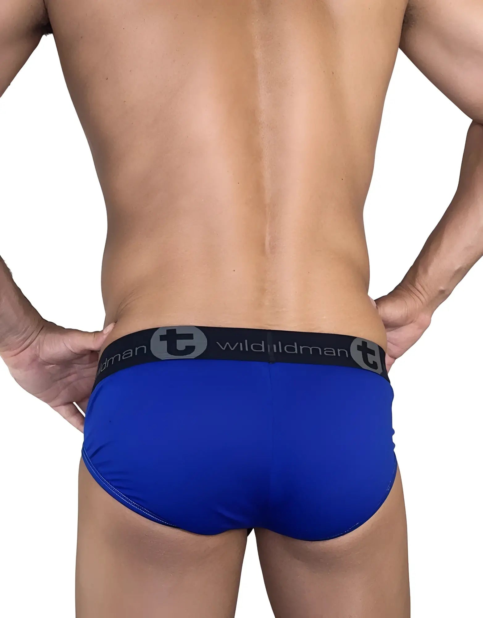 WildmanT modal big boy pouch brief in royal blue with black elastic waistband featuring wildman logo and stylized t emblem