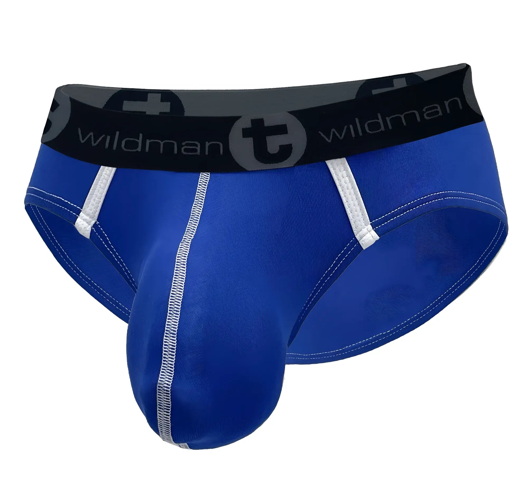 Wildmant modal big boy pouch brief royal blue in blue with black waistband logo and white stitching accents