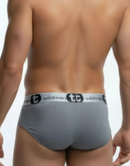 Gray heathered modal cotton briefs with white elastic waistband featuring black wildman branding and logo