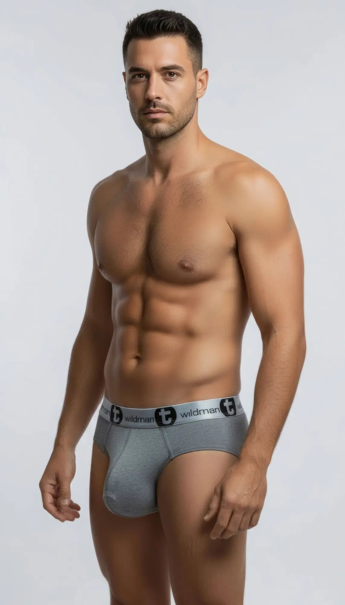 Wildmant modal big boy pouch brief silver gray in gray with white elastic waistband wildman logo and black t emblem