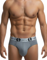 Gray wildman modal big boy pouch briefs with white elastic waistband featuring brand logo in silver gray color