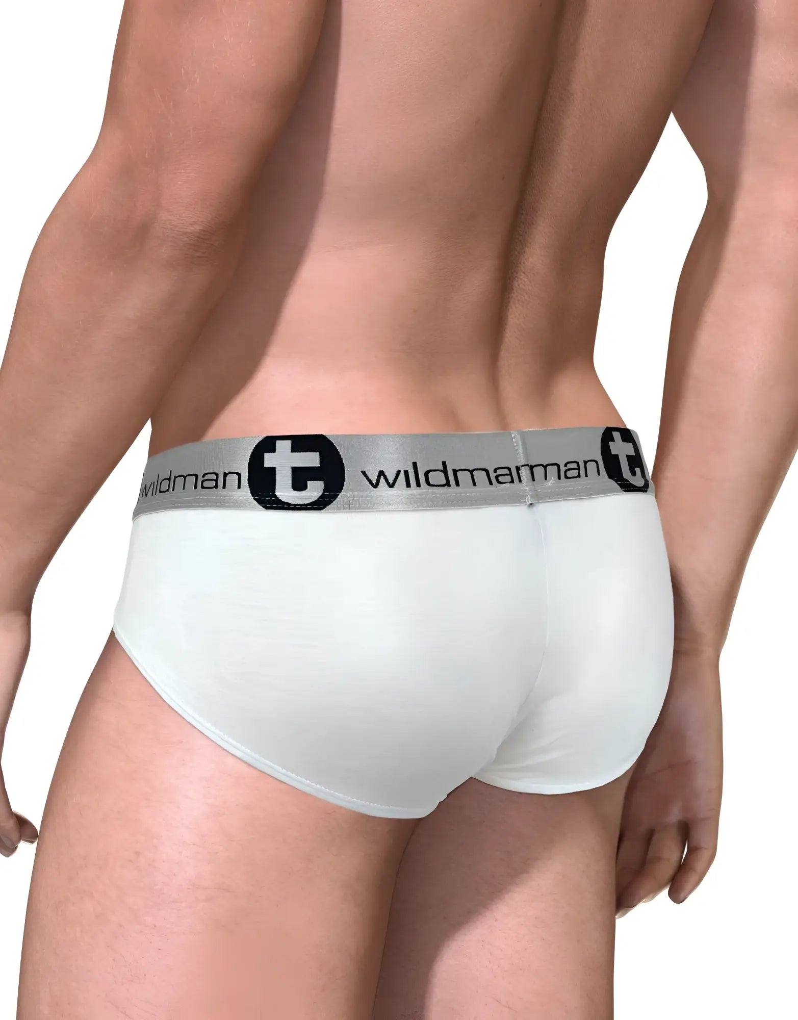 White wildman t-brand modal big boy pouch briefs with silver waistband featuring black logo and text