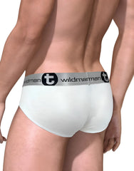 White wildman t-brand modal big boy pouch briefs with silver waistband featuring black logo and text