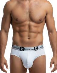 White men’s briefs with a gray elastic waistband featuring the ’wildman’ logo and black circular emblem.