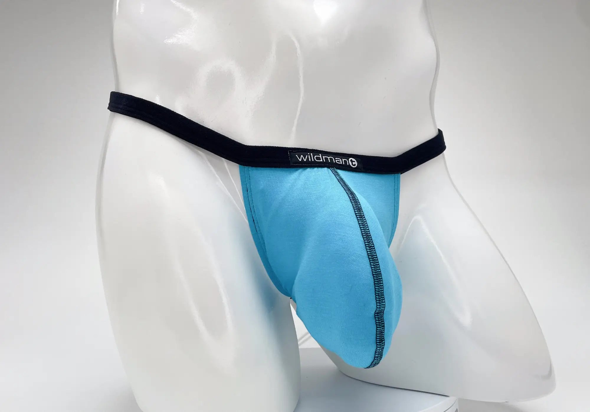 Light blue wildman modal micro thong briefs with black elastic waistband and big boy pouch design