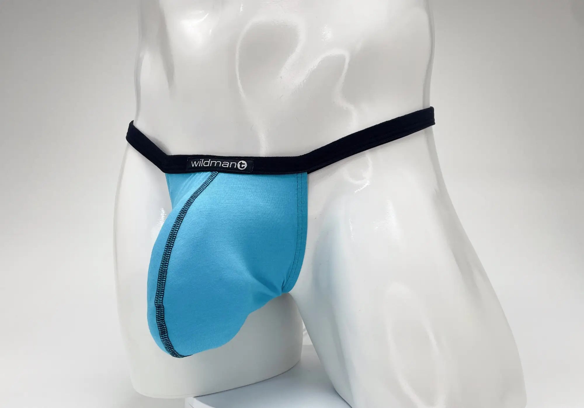 WildmanT modal micro thong in baby blue with black elastic waistband and stitched seam detail front view