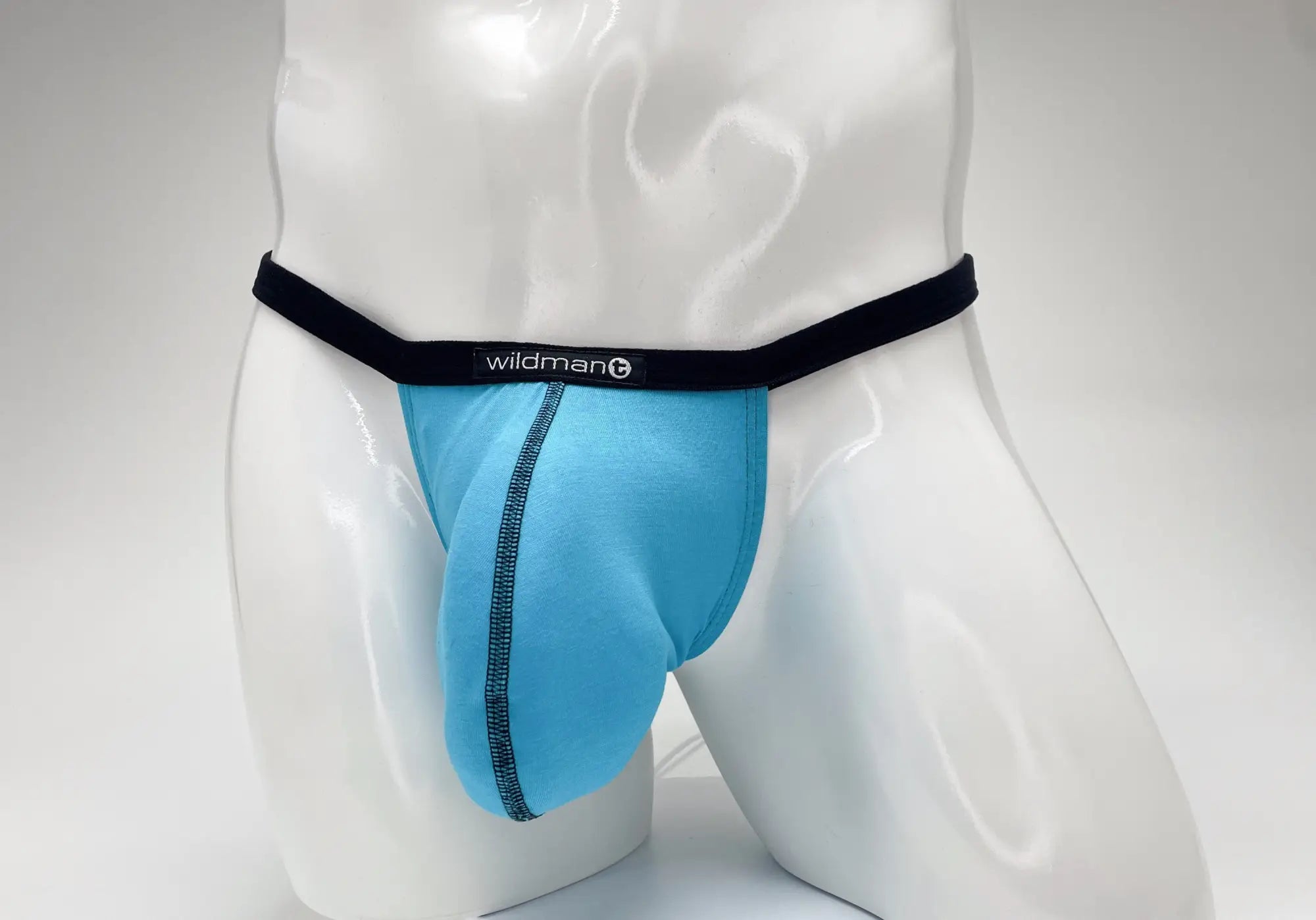 Wildmant modal micro thong briefs in baby blue with black waistband and central seam detail for big boy pouch support