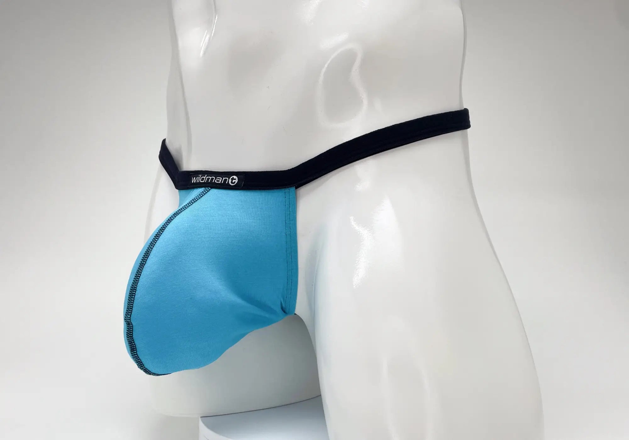 WildmanT modal micro thong men’s briefs in baby blue with a black waistband and big boy pouch for comfort