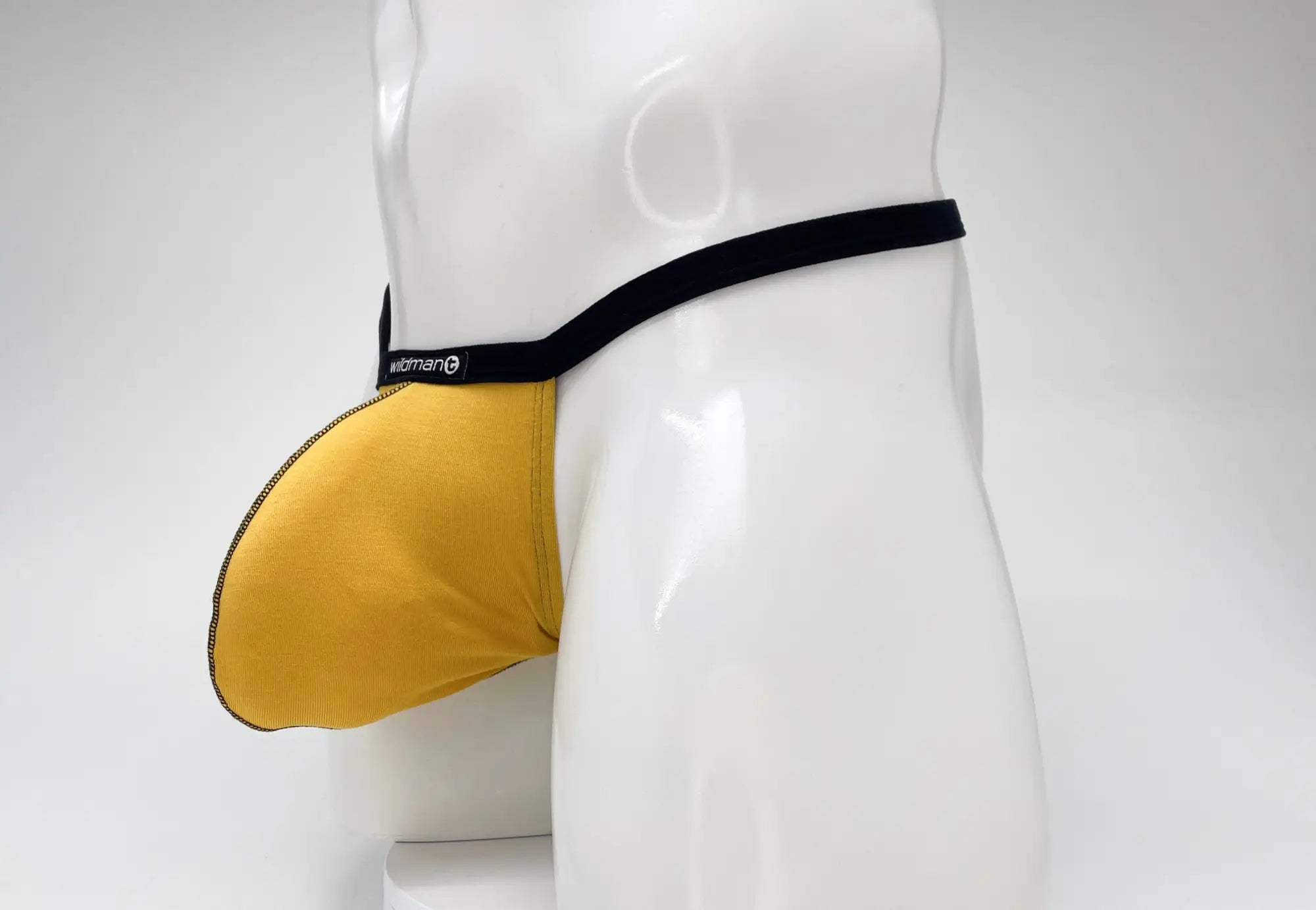 Yellow men’s underwear with black waistband and ’wildman’ branding