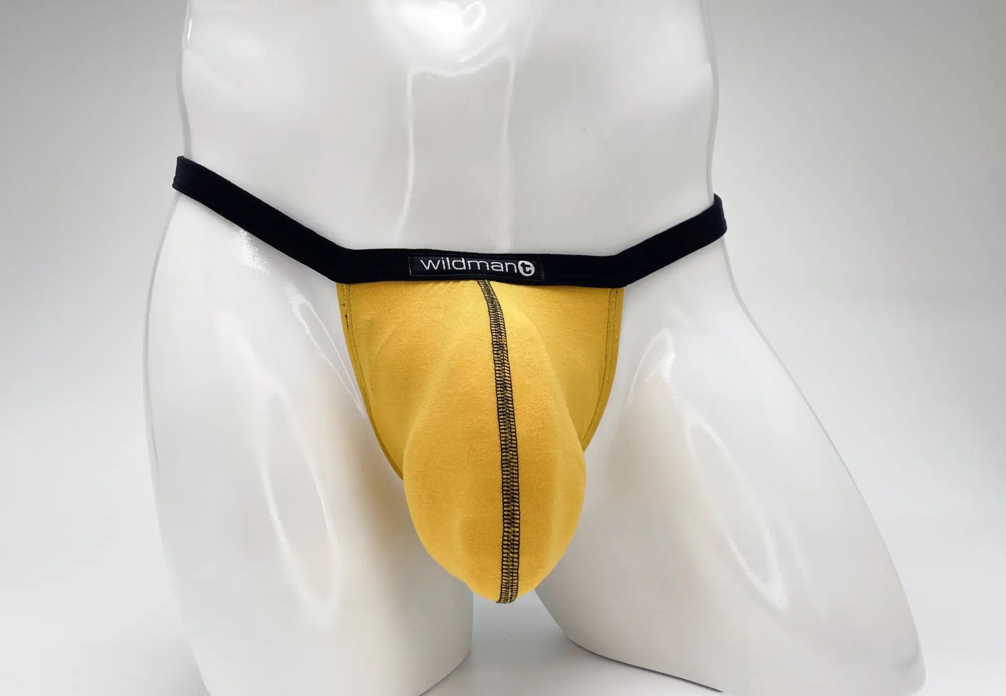 Wildmant modal micro thong big boy pouch gold in yellow with black waistband and central zipper detail jockstrap