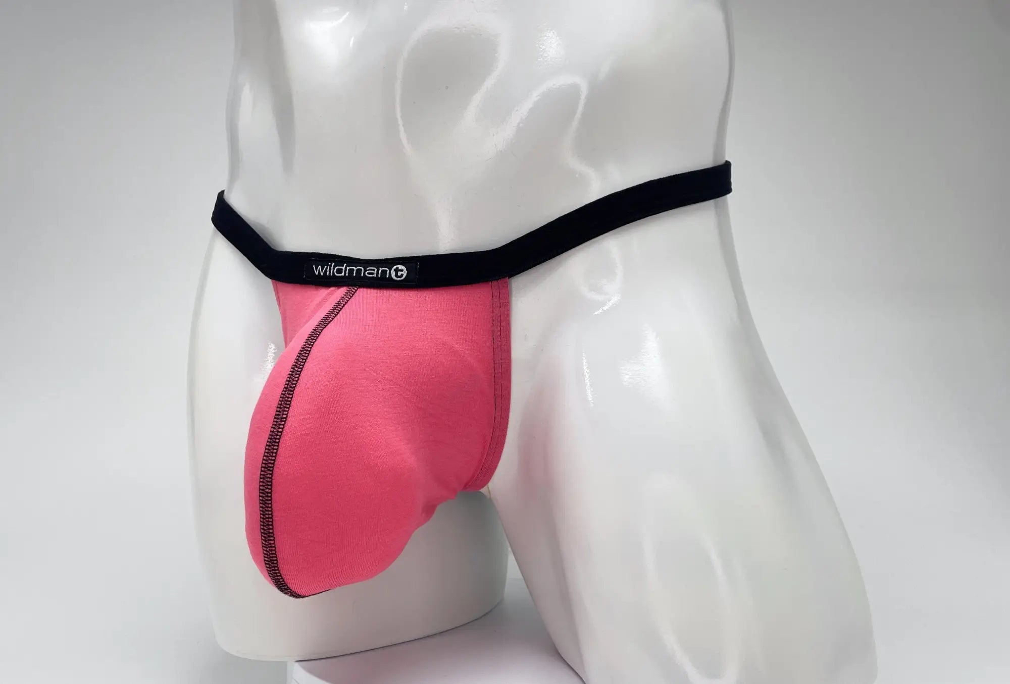 Pink wildman brand men’s briefs with black waistband zipper detail in modal fabric wildmant modal micro thong big boy pouch pink
