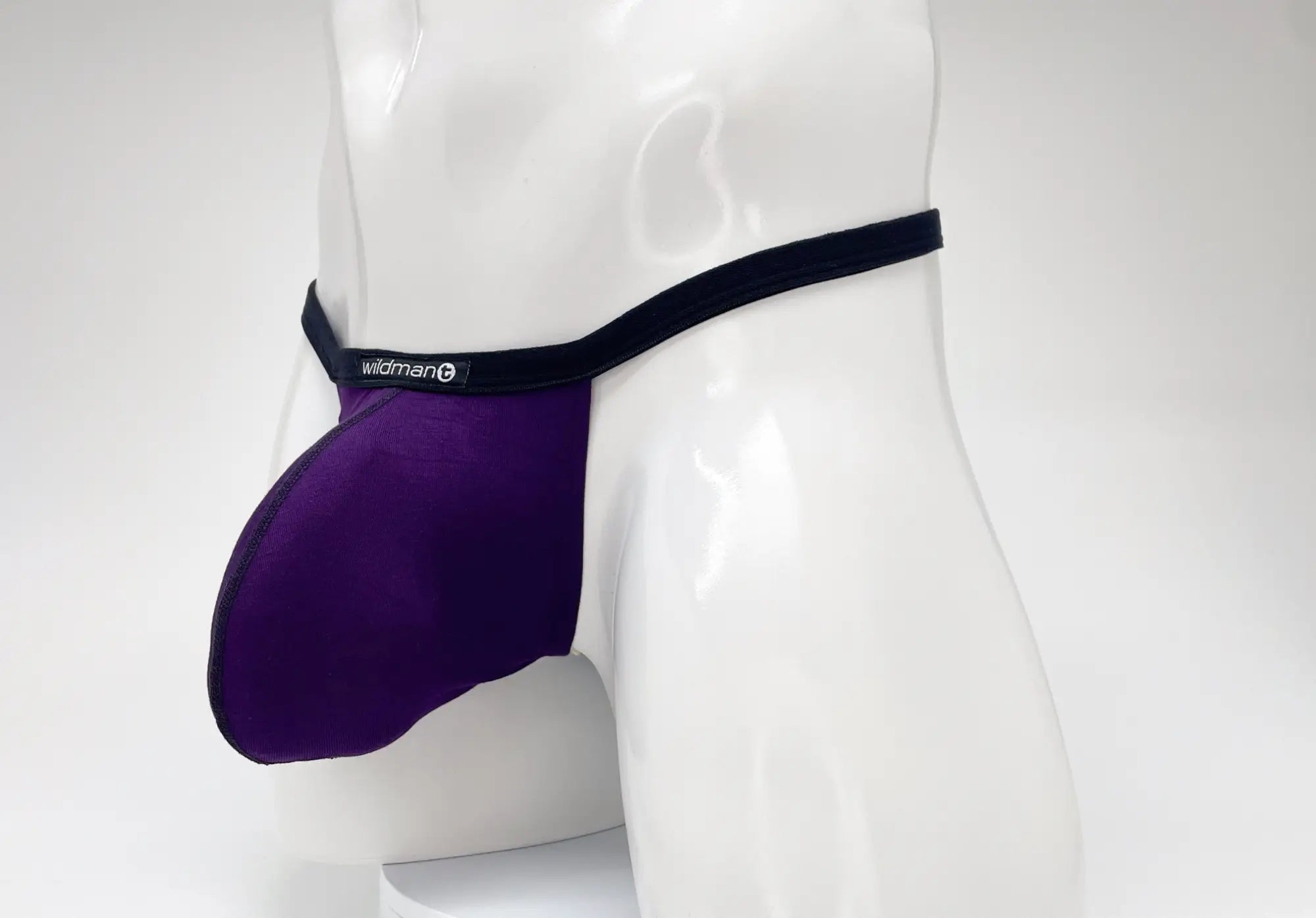 Purple and black wildman brand men’s briefs with contoured design made from modal microfiber for comfort