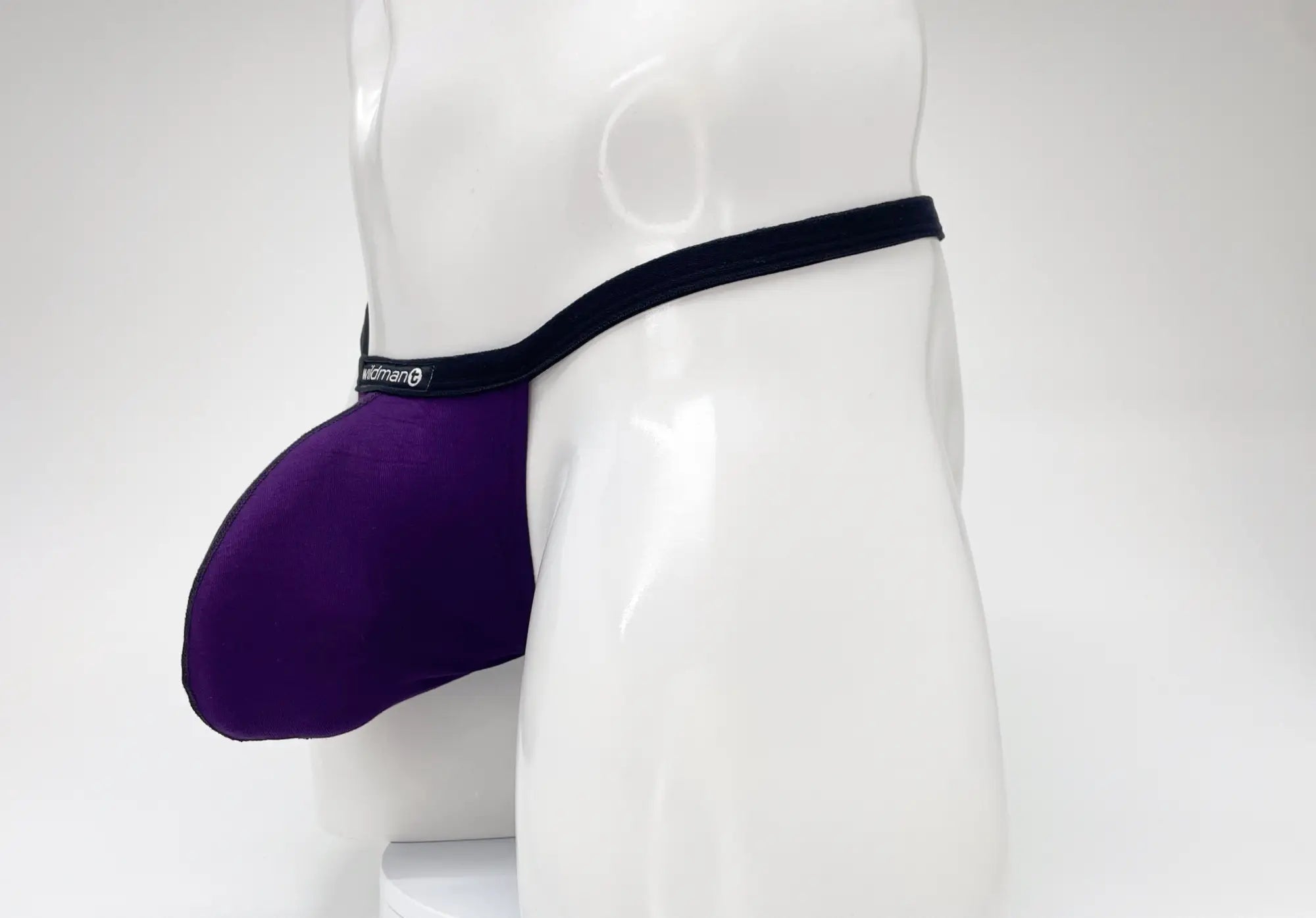 WildmanT modal micro thong big boy pouch in purple with a form-fitting design and black elastic waistband featuring Wildman logo