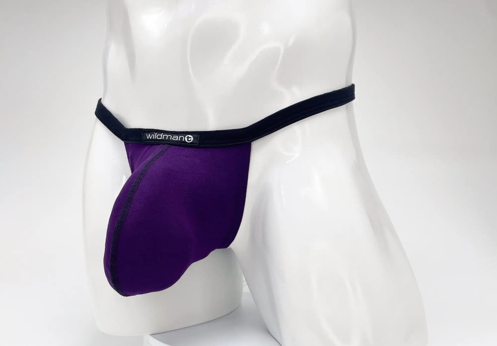 Wildmant modal micro thong in purple with a black waistband featuring a big boy pouch for comfort and support