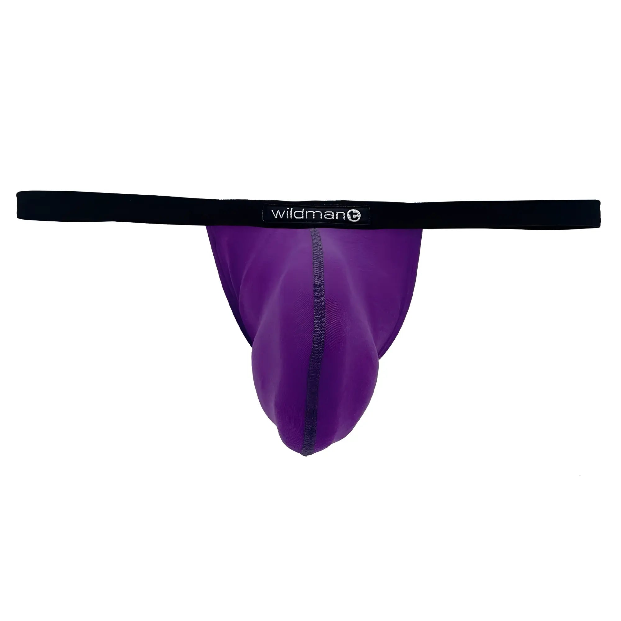 Purple wildman modal micro thong with black waistband featuring big boy pouch for comfortable support