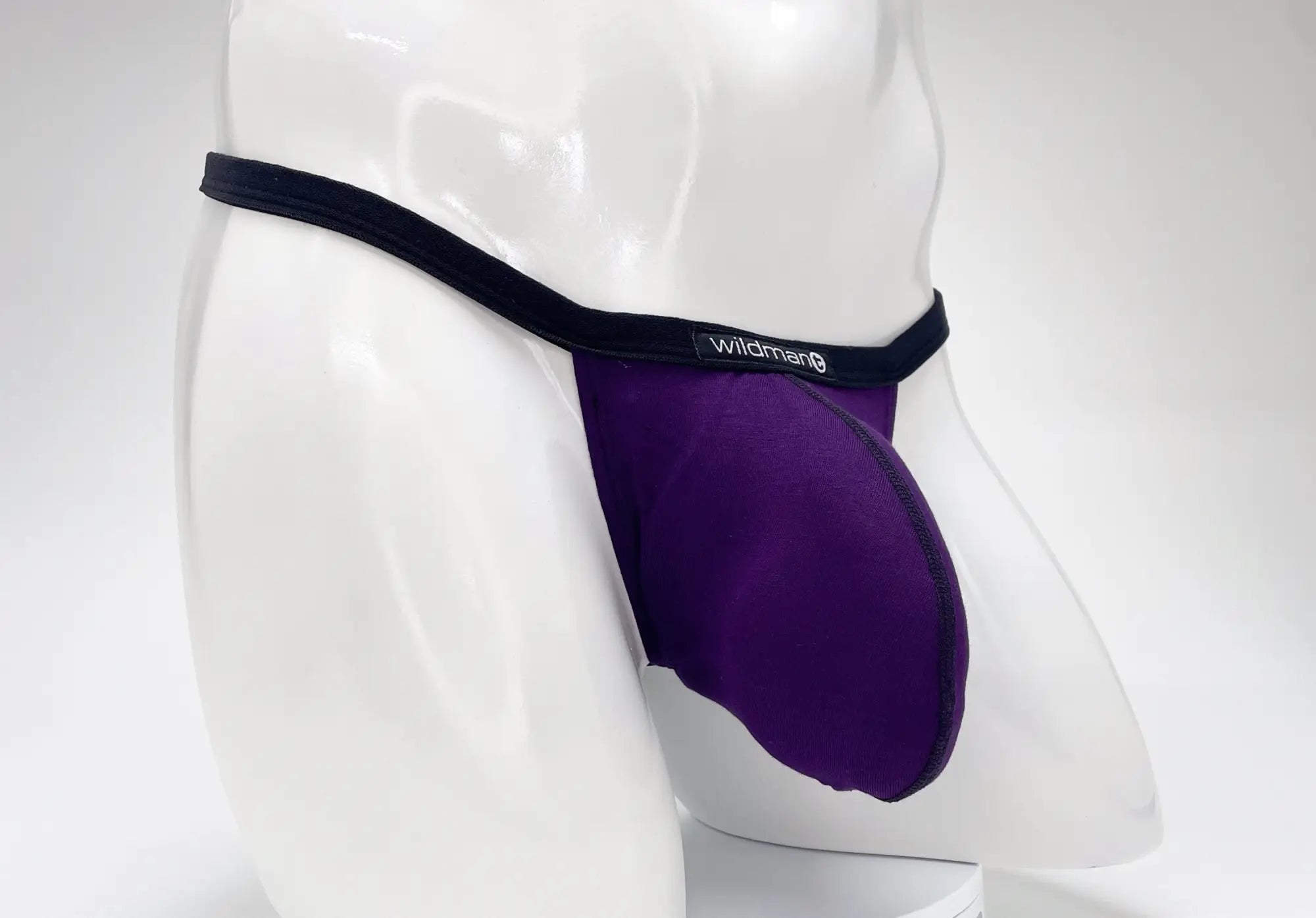 Wildmant modal micro thong big boy pouch in purple with black elastic waistband showcasing the front view