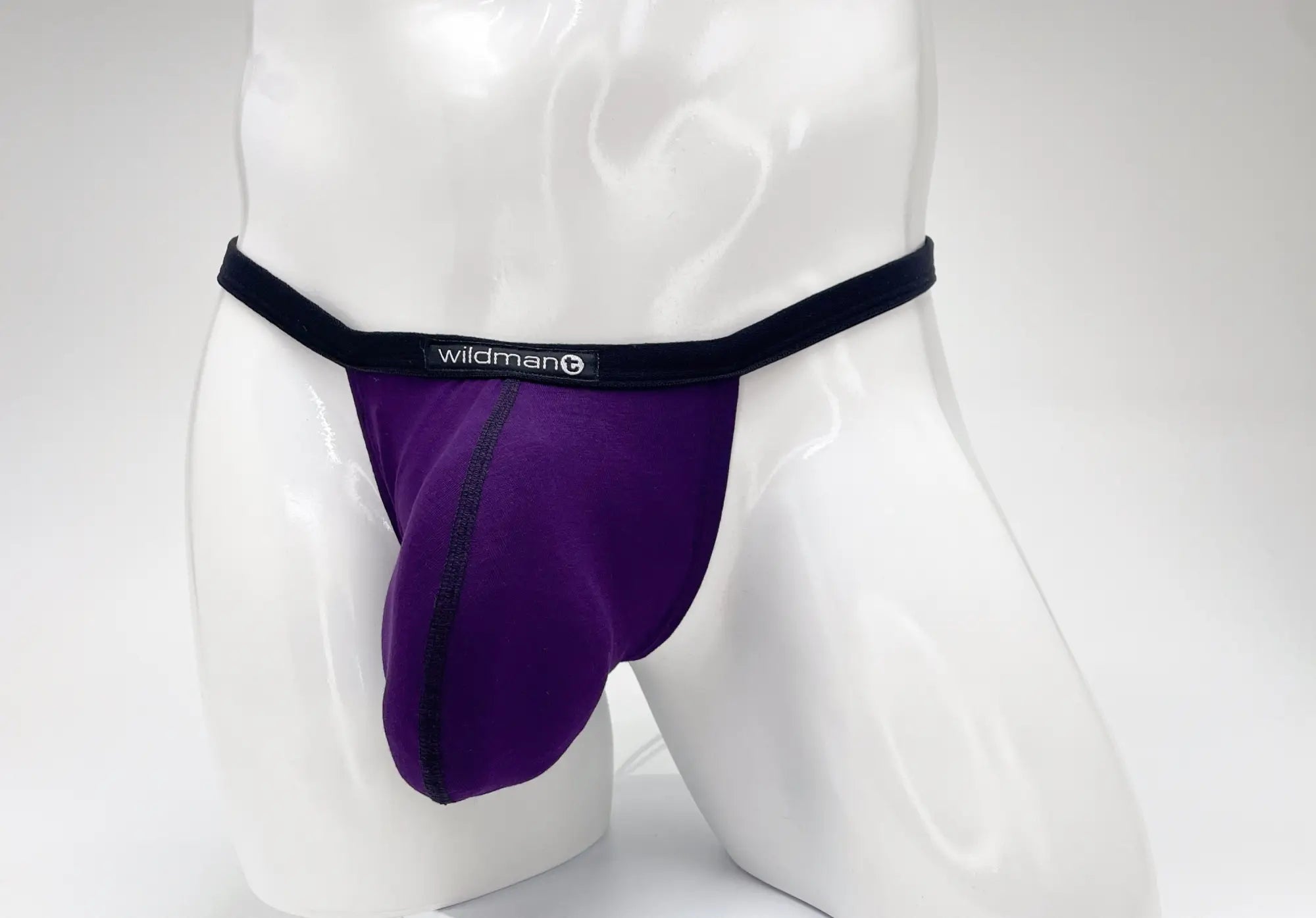 Purple wildman brand men’s modal micro thong briefs with black elastic waistband and big boy pouch design