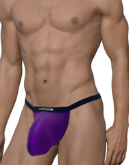 Purple wildmen modal micro thong with navy blue waistband featuring big boy pouch for comfortable support