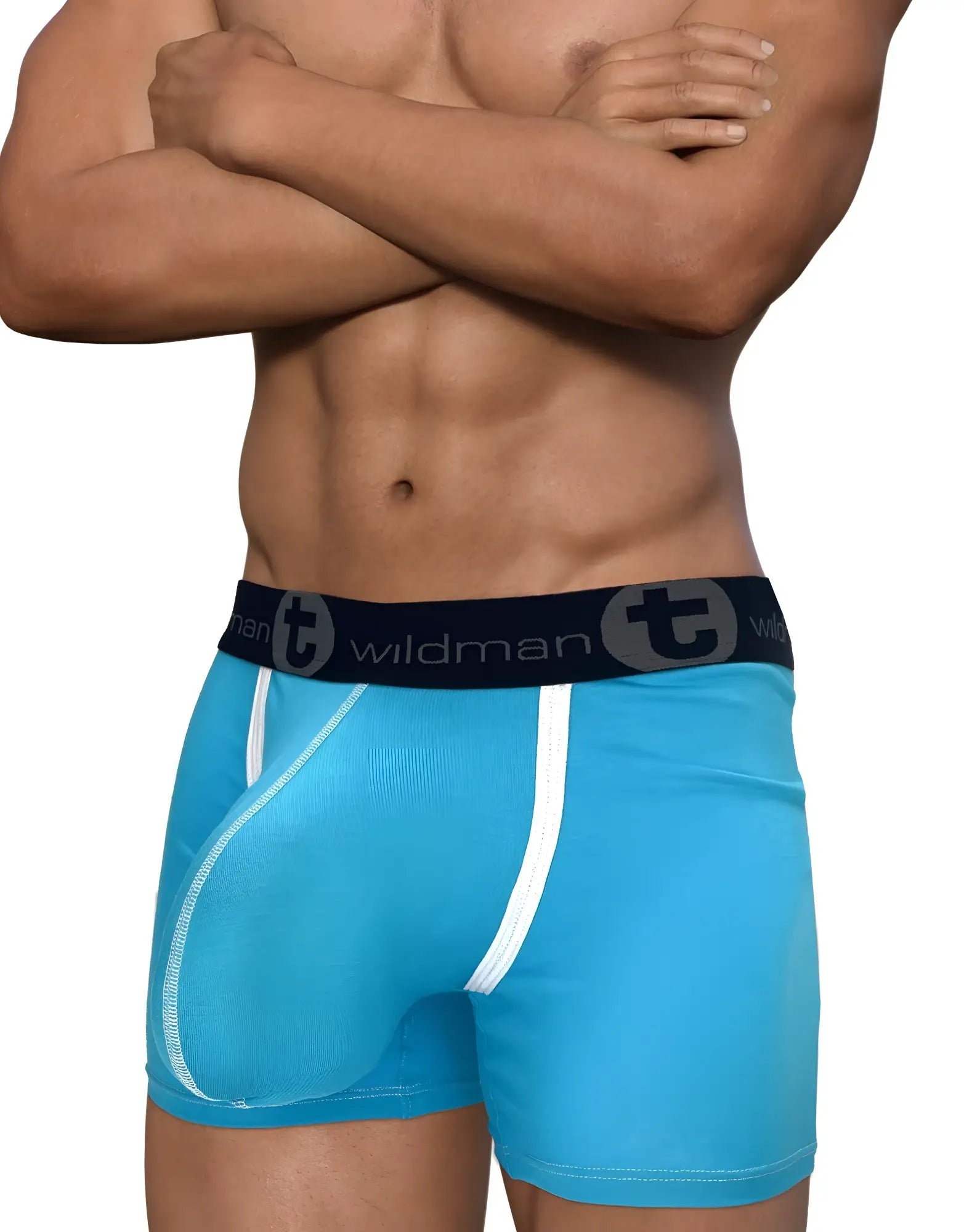Bright blue wildman boxer briefs with white stitching and black waistband logo made from modal fabric with 5 inch inseam