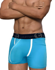 Bright blue wildman boxer briefs with white stitching and black waistband logo made from modal fabric with 5 inch inseam