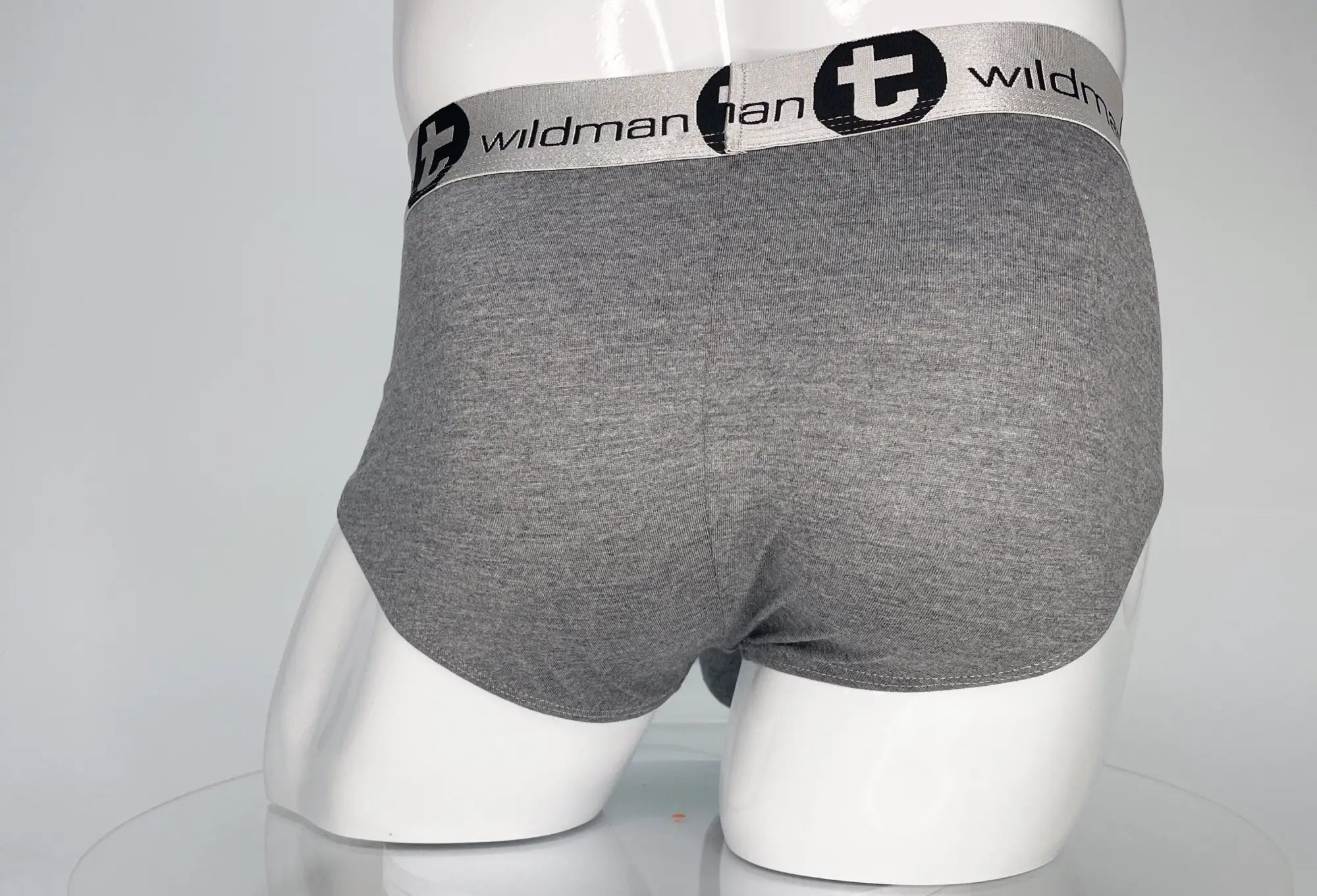 Gray heathered modal briefs with a black and white branded wildman waistband for comfortable everyday wear