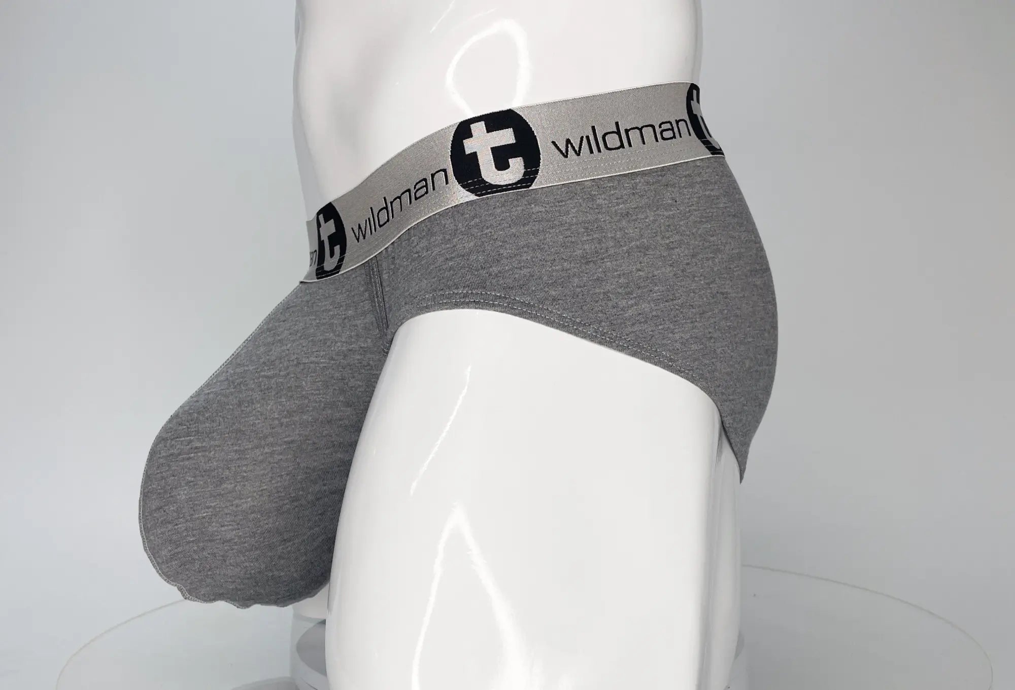Wildmant modal monster cock brief in gray heathered cotton with black and white elastic waistband featuring wildman logo