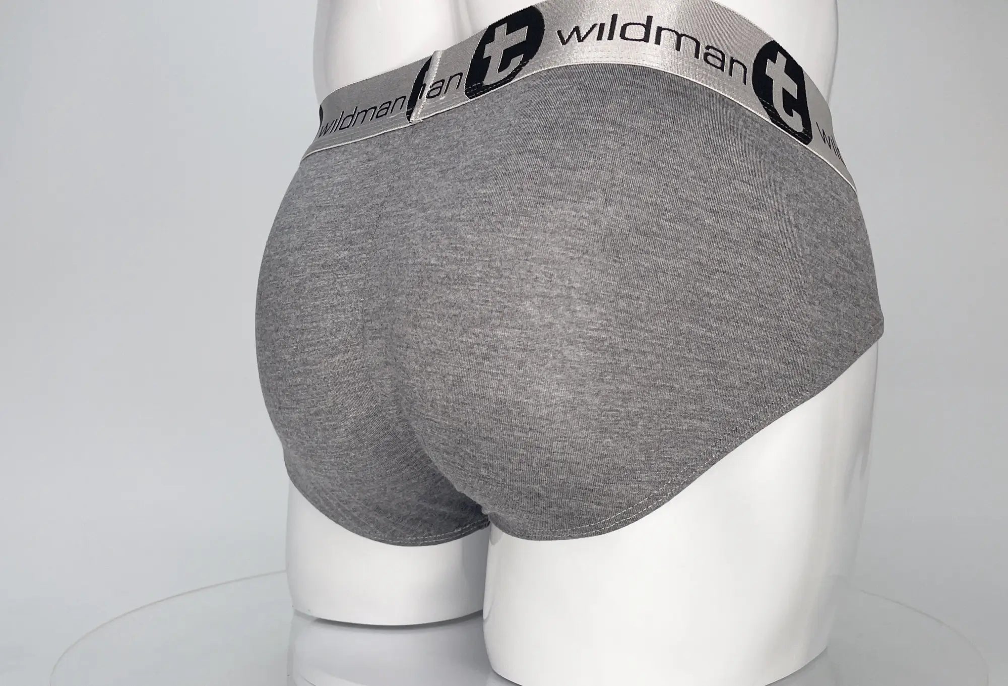 Gray heathered cotton briefs with black and white wildman branded elastic waistband wildmant modal monster cock brief gray