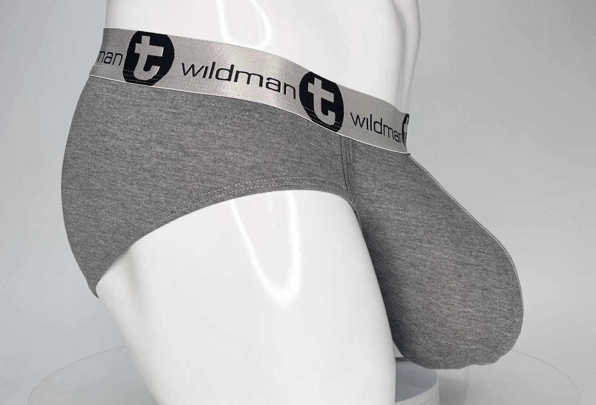 Gray heathered cotton modal briefs with silver elastic wildman logo waistband and black circular emblem